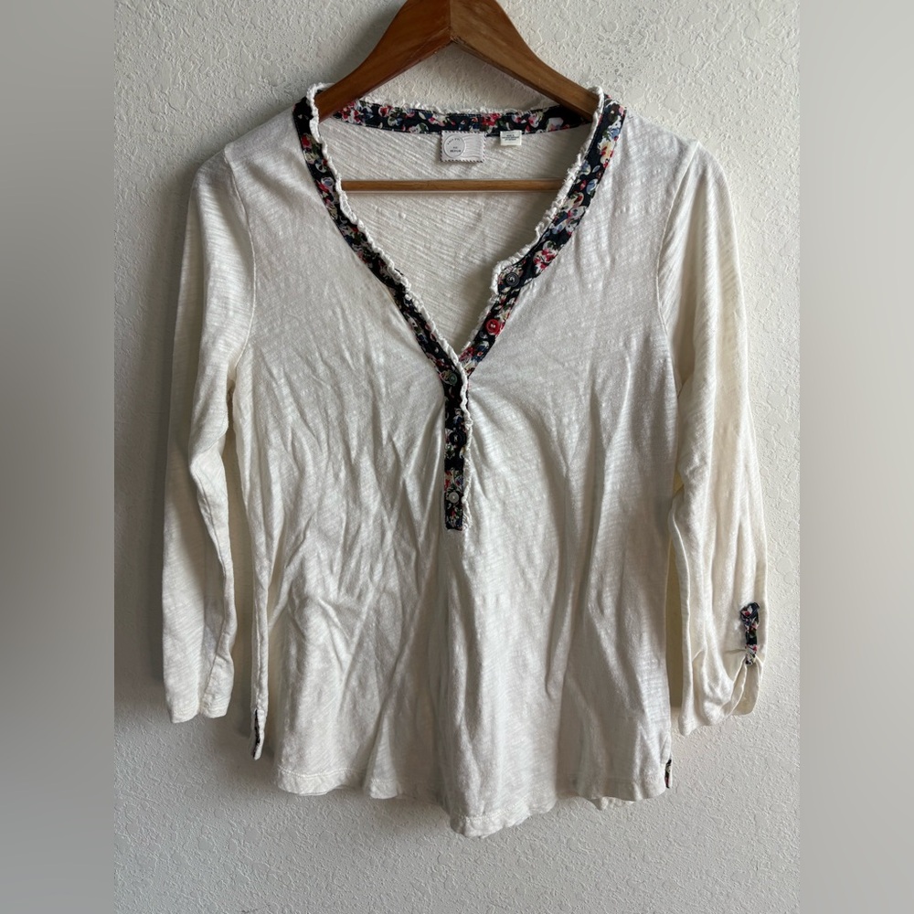 Anthropologie PostMark Size M Roll Cuff Sleeve Pullover White With Blue Trim